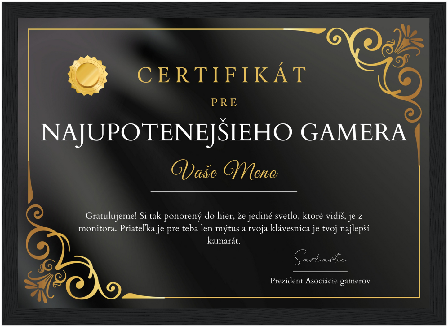 Certifikát Najupotenejší Gamer (SK)