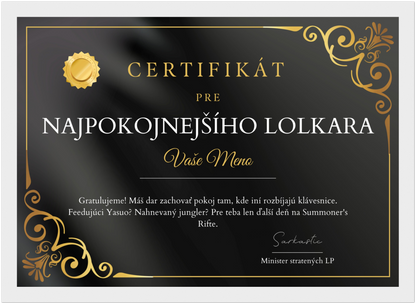 Certifikát Najpokojnejší Lolkár (SK)