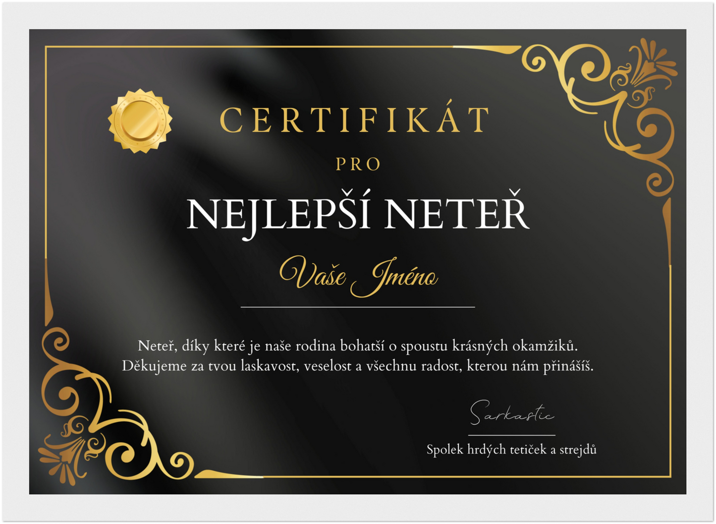 Certifikát Nejlepší Neteř