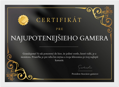 Certifikát Najupotenejší Gamer (SK)