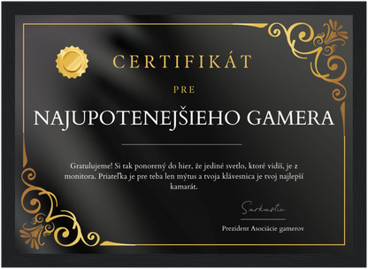 Certifikát Najupotenejší Gamer (SK)